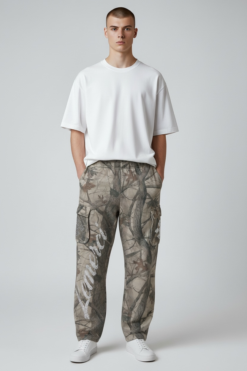 RHINESTONE CAMO CARGO SWEATPANTS